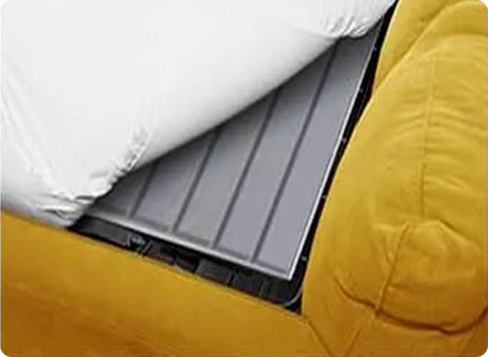 Step 4: Place the mattress on top and enjoy enhanced firmness and comfort. Note: When folding up the sofa bed for the first time, do it slowly and ensure that the board is properly folded within the mechanism.